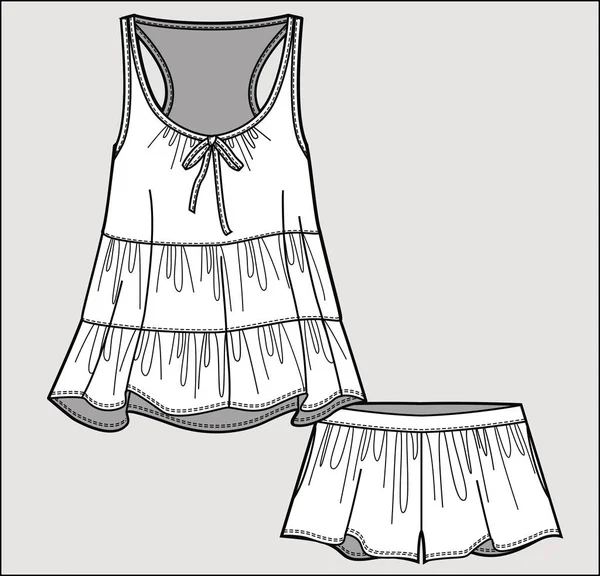 Ensemble Pyjama Soie Top Romantique Short Vecteur Isolé — Image vectorielle