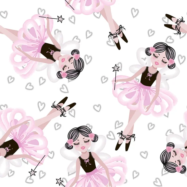 かわいいピンクのチュチュでダンス バレリーナの女の子 赤ちゃんと子供の壁紙 ポスター 衣料品のプリントのシームレスなパターンをベクトル バレエのドレスで小さなガール フレンド — ストックベクタ