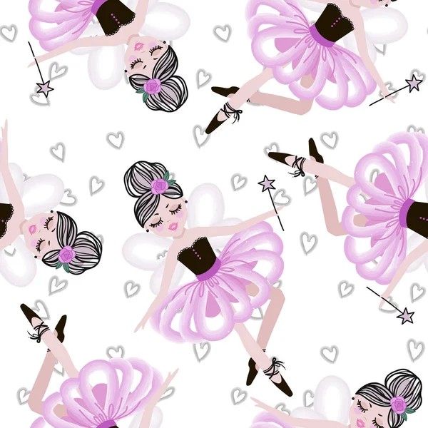 Cute Dancing Ballerina Girls Pink Tutus Vector Seamless Pattern Baby — Stock Vector