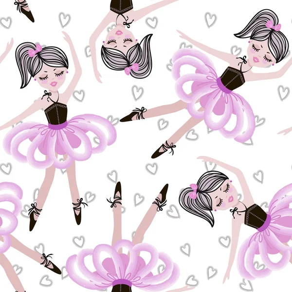 Roztomilé Dívky Tančící Baletka Růžových Sukénkách Vektor Bezešvé Vzor Pro — Stockový vektor
