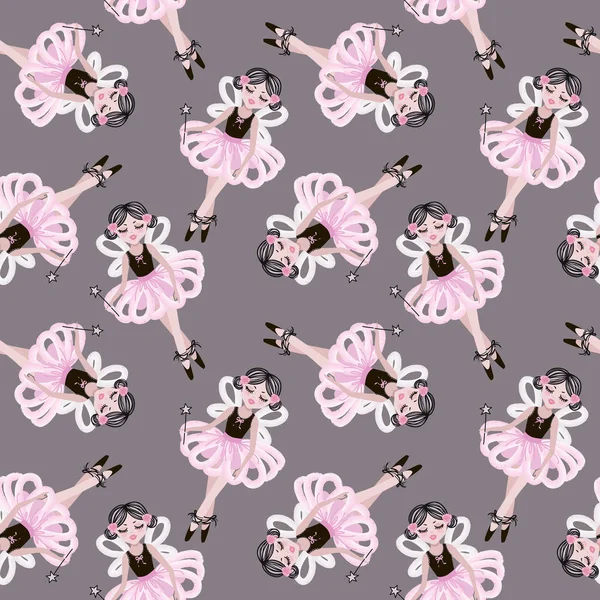 Cute Dancing Ballerina Girls Pink Tutus Vector Seamless Pattern Baby — Stock Vector