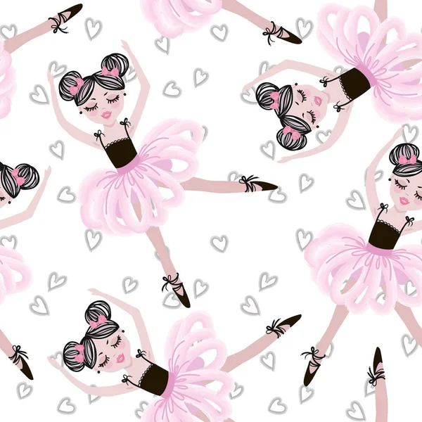 Cute Dancing Ballerina Girls Pink Tutus Vector Seamless Pattern Baby — Stock Vector