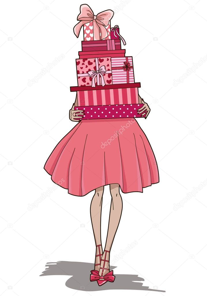 Fashion girl with colorful gift boxes in hands. Happy Valentines Day card. Vector illustration.