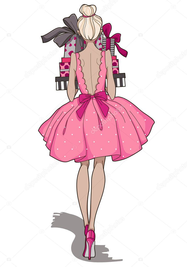 Fashion girl with colorful gift boxes in hands. Back view of beautiful  girl in pink dress and high-heeled shoes. Happy Valentines Day card. Greeting card, poster, flyer, invitation. Vector.