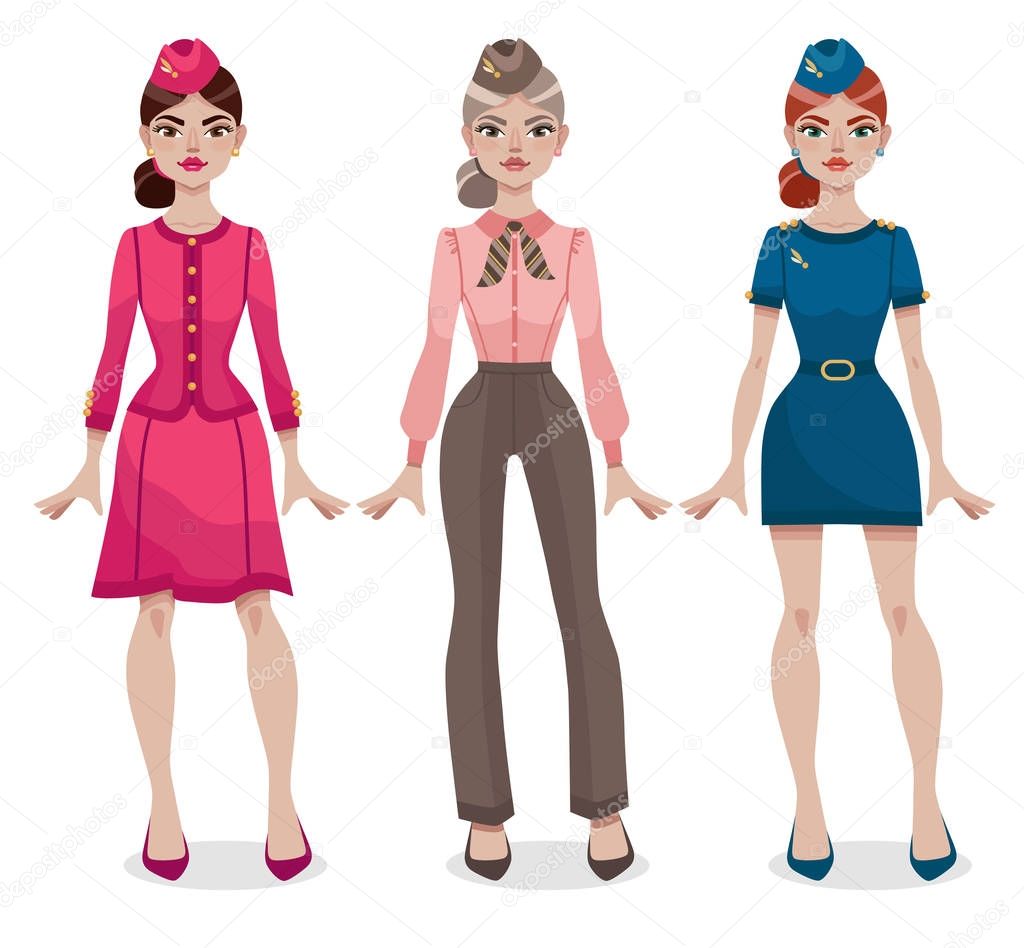 Young smiling stewardess in different style uniform. Women's profession. Cartoon vector illustration isolated on white background.