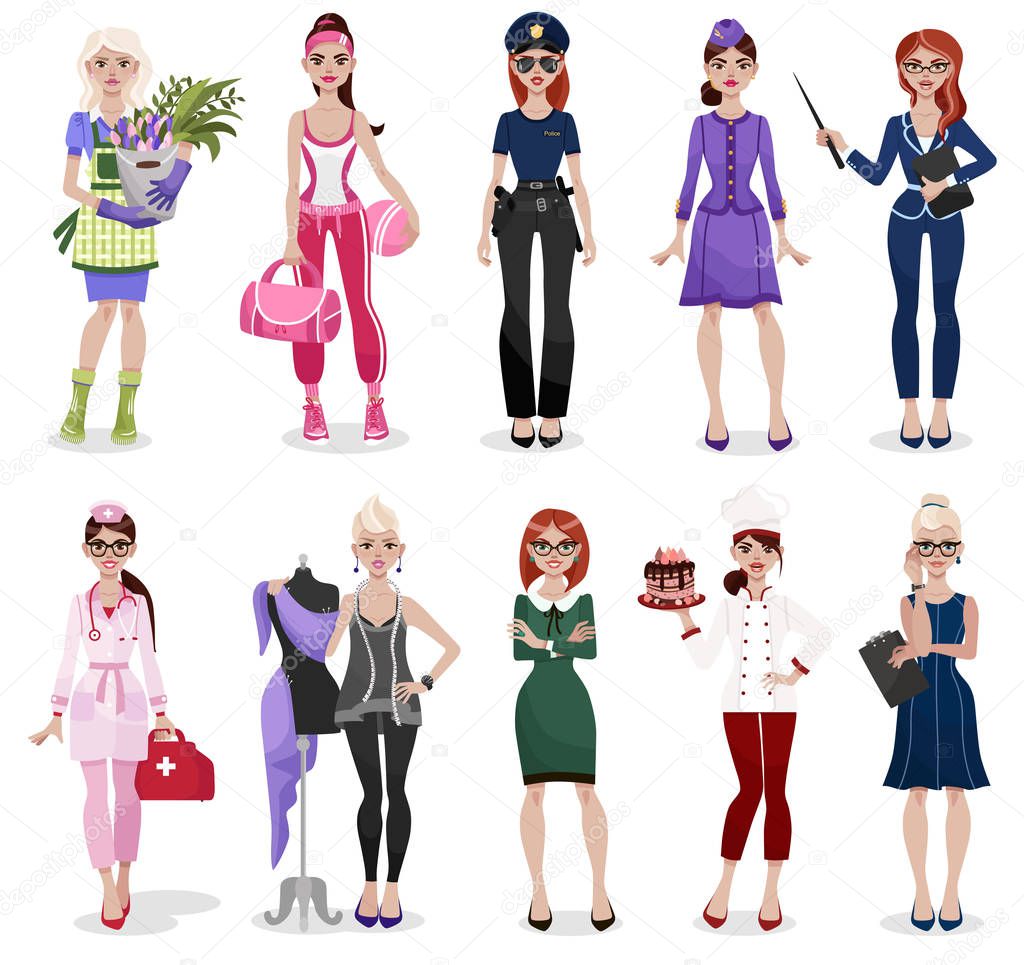Set of different professions: doctor, teacher, fashion designer, florist, police officer, businesswoman, chef, stewardess, fitness trainer, secretary. Vector illustration isolated on white background.