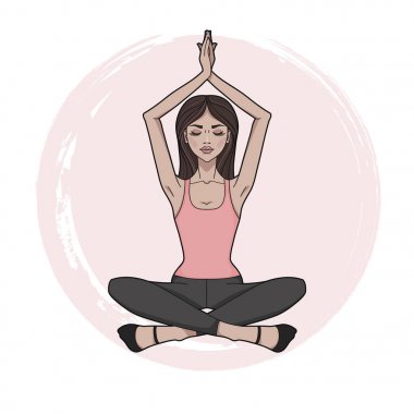 Yoga pratik kız moda. Lotus meditative poz. Yoga konumda oturan genç güzel kadın. Tasarım kartları, yoga stüdyosu, poster ve doğal kozmetik için şablon. Vektör çizim.