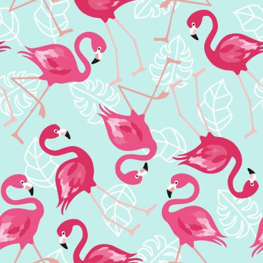 Beyaz arka plan üzerinde Flamingo seamless modeli. Pembe flamingo vektör arka plan tasarımı kumaş ve dekor. Vektör trendy çizim.