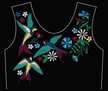 Swallow kuşlar, yaka için kır çiçekleri ile nakış dikiş. Moda Tekstil, kumaş geleneksel halk dekorasyon için süsleme işlemeli. Vektör çizim.
