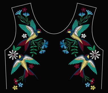 Swallow kuşlar, yaka için kır çiçekleri ile nakış dikiş. Moda Tekstil, kumaş geleneksel halk dekorasyon için süsleme işlemeli. Vektör çizim.