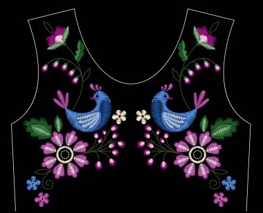 Swallow kuşlar, yaka için kır çiçekleri ile nakış dikiş. Moda Tekstil, kumaş geleneksel halk dekorasyon için süsleme işlemeli. Vektör çizim.