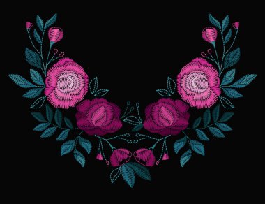 Yaka tişörtleri ve bluzlar için vektör tasarımı. Renkli etnik çiçeklerin boyun çizgisi. Moda için nakış nakışı. Vektör illüstrasyonu.