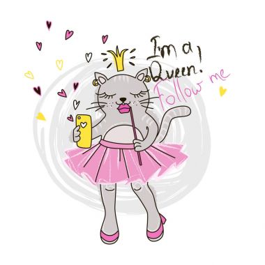 Telefon ile komik yavru kedi kız. Vektör doodle grafiği. Gösterim amacıyla moda tasarımı.