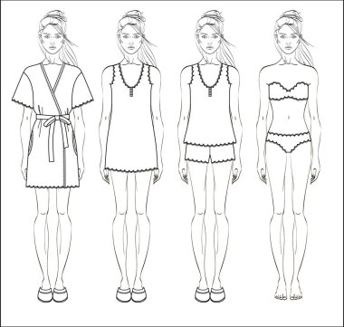 Kadınlar s homewear, pijama ve iç giyim kümesi. Bornoz, gecelik, pijama ve iç çamaşırı kadın figürü üzerinde. Vektör çizim.