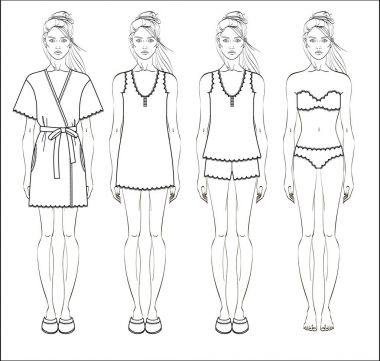 Set of women s homewear, sleepwear and underwear. Bathrobe, nightgown, pyjamas and lingerie on female figure. Vector illustration. clipart