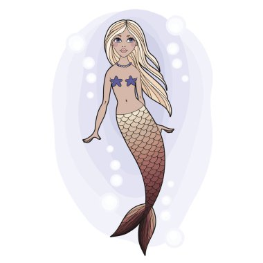 Sevimli genç deniz kızı. Güzel saçlı siren. Deniz Tema. 