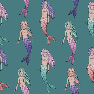 Sevimli deniz kızları kızlar seamless modeli yeşil zemin üzerine. Vektör deniz arka plan. Sualtı vektör çizim karikatür. Kumaş, kumaş, dekor için tasarım.