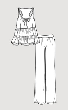 İpek pijama set. Romantik kol üst ve pantolon. Önden Görünüm. İzole vektör. 
