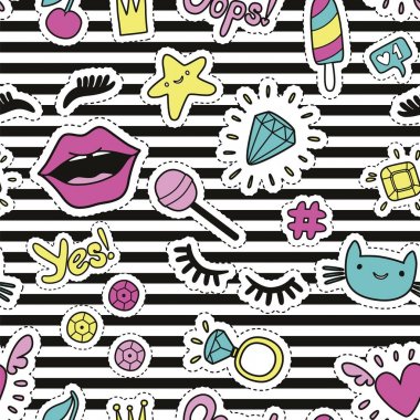 Yama rozetleri ile şirin moda Dikişsiz desen: dudaklar, kalp, gözler, yüzük, star, kedi, kirpikleri, dondurma, pullu.