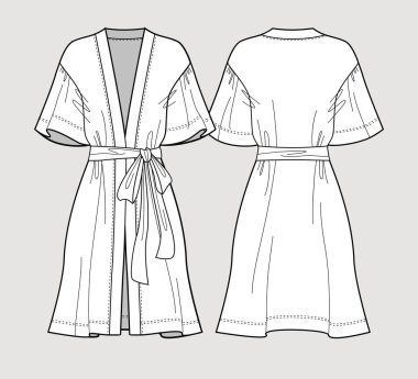 Gelin elbise. Kol saten kimono bornoz. İpek bornoz kadınlar için. İzole vektör. Ön ve arka kez bakıldı.