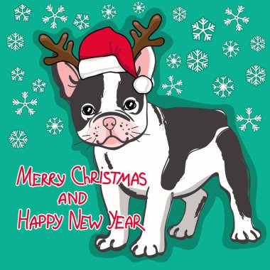 Noel ve mutlu yeni yıl kartı. Soyut kartı ile santa şapka ve metin üzerinde yeşil arka plan isteyen sevimli Fransız buldozer.