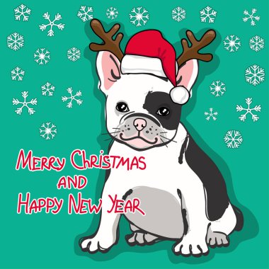 Noel ve mutlu yeni yıl kartı. Soyut kartı ile santa şapka ve metin üzerinde yeşil arka plan isteyen sevimli Fransız buldozer.