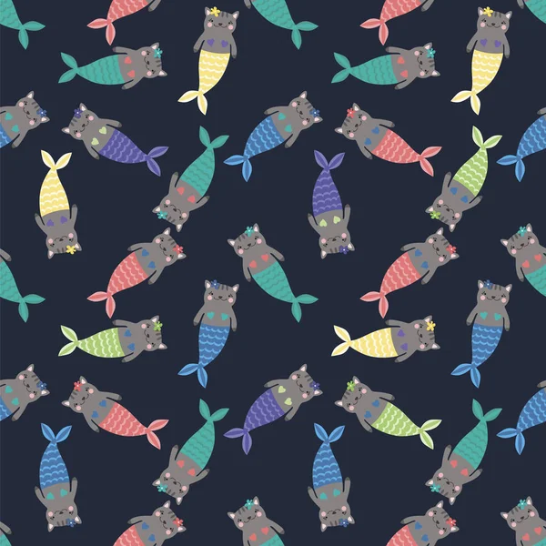 Sihirli sevimli Deniz kızları ile Seamless modeli. Komik küçük kediler. Deniz tema. Vektör çizim.