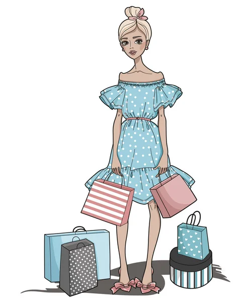 Fashion Girl Bags Shopping Vector Illustration — Stock Vector