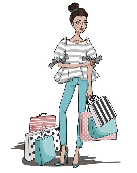 Çanta alışveriş üzerinde moda kız. Vektör çizim.