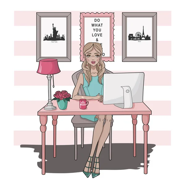 Kendi ofisinde masaüstü bilgisayarda çalışan moda kız gülümsüyor. Onun işyerinde iş kadını. Vektör çizim.