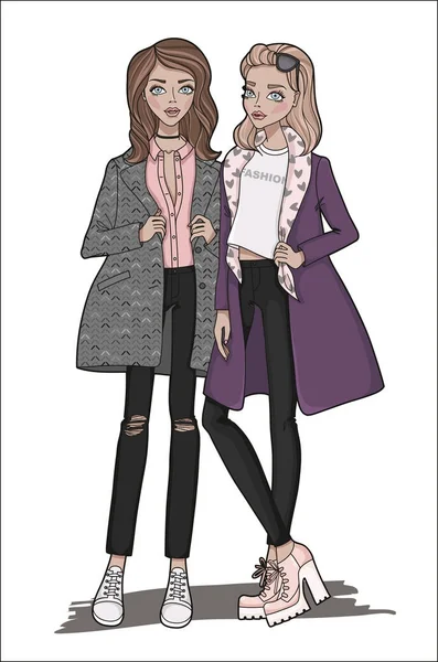 Sevimli çizgi moda kızlar. Vektör çizim.