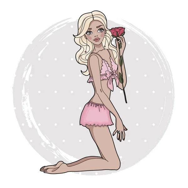 Fille Mode Avec Une Fleur Rouge Main Elégante Jeune Femme — Image vectorielle