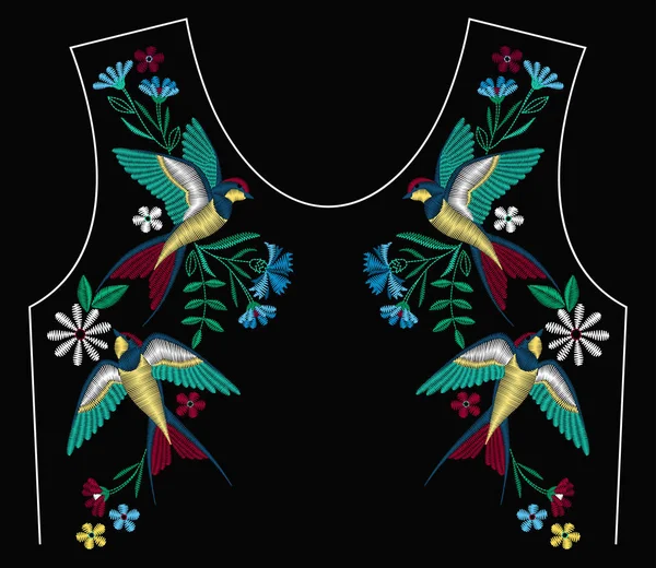 Swallow kuşlar, yaka için kır çiçekleri ile nakış dikiş. Moda Tekstil, kumaş geleneksel halk dekorasyon için süsleme işlemeli. Vektör çizim.