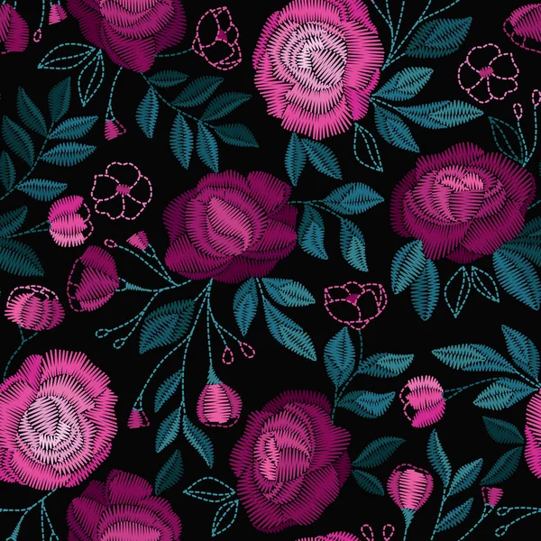 Nakış güzel çiçekler ile seamless modeli. Vektör çiçek süsleme siyah arka plan üzerine. Nakış moda Tekstil ve kumaş için.