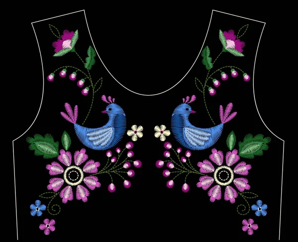 Swallow kuşlar, yaka için kır çiçekleri ile nakış dikiş. Moda Tekstil, kumaş geleneksel halk dekorasyon için süsleme işlemeli. Vektör çizim.