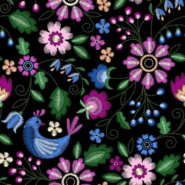 Nakış güzel çiçekler ile seamless modeli. Vektör çiçek süsleme siyah arka plan üzerine. Nakış moda Tekstil ve kumaş için.