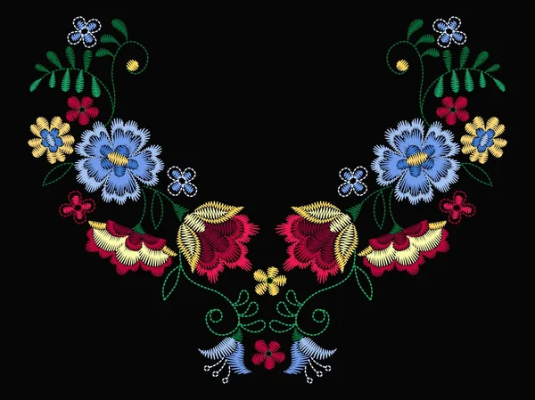 Yaka tişörtleri ve bluzlar için vektör tasarımı. Renkli etnik çiçeklerin boyun çizgisi. Moda için nakış nakışı. Vektör illüstrasyonu.