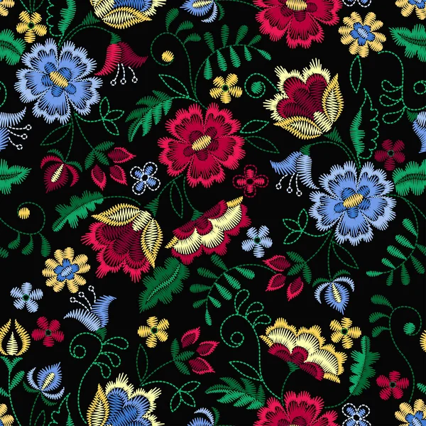 Вышивка Бесшовный Узор Красивыми Цветами Векторный Цветочный Орнамент Черном Фоне — стоковый вектор