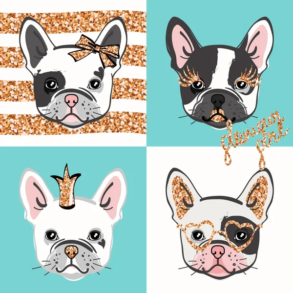 Glamour Fransız buldozer. Şirin bulldog'ın portre altın ışıltılı aksesuarları ile vektör ayarlayın. Vektör çizim.