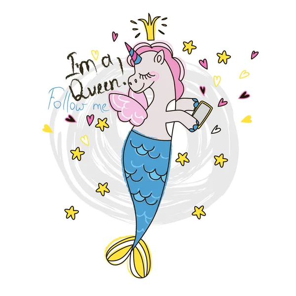 Cute Fairy Unicorn Phone Magic Funny Mermaid Vector Doodle Graphic — Stock Vector