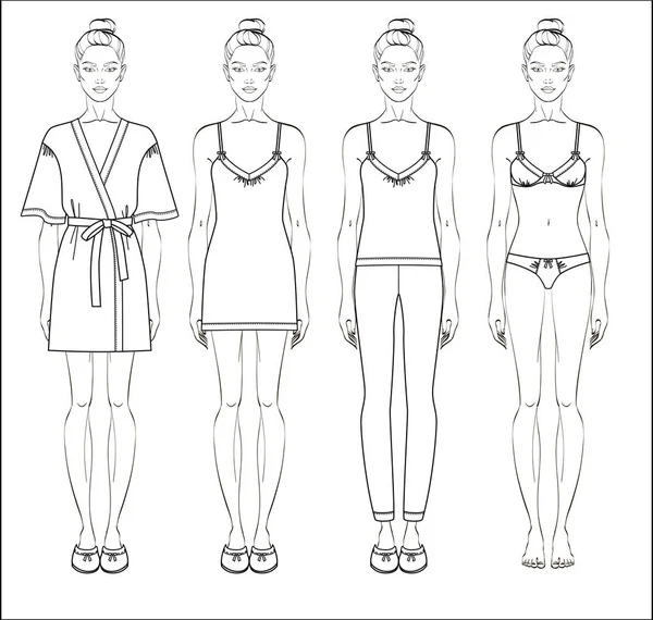 Набор Женской Домашней Одежды Сонной Одежды Нижнего Белья Халат Ночная — стоковый вектор