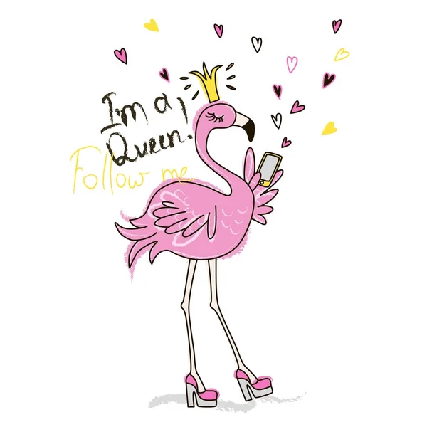 Grappige Roze Flamingo Met Telefoon Doodle Vectorafbeelding Illustratie Voor Mode — Stockvector