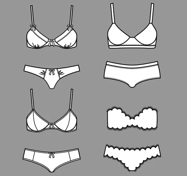 Ropa interior femenina blanca aislada sobre fondo gris. Juegos de moda con diferentes estilos de sujetador y bragas de mujer. Estilos de lencería vectorial aislada . — Vector de stock