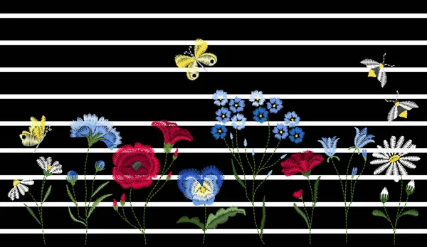 Wildblumen sticken. bestickte Designelemente mit Blumen, Blättern und Insekten auf schwarzem Hintergrund. — Stockvektor