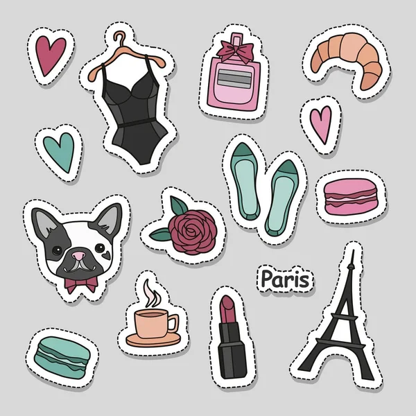 Leuke mode patch badges set: harten, Eiffeltoren, bloem, bitterkoekjes, lingerie, lippenstift, bulldog, parfum, schoenen, croissant, kopje koffie. Parijs romantisch ontwerp — Stockvector