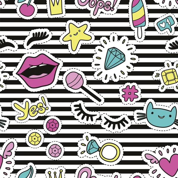 Yama rozetleri ile şirin moda Dikişsiz desen: dudaklar, kalp, gözler, yüzük, star, kedi, kirpikleri, dondurma, pullu.