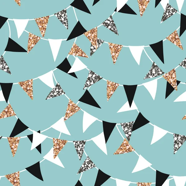 Üçgen bayrakları ile Seamless modeli. Tiffany mavi zemin üzerine altın ve gümüş pırıltılı kiraz kuşu ile vektör desen. Web tasarım, tebrik kartı ve parti dekorasyon için tatil arka plan.