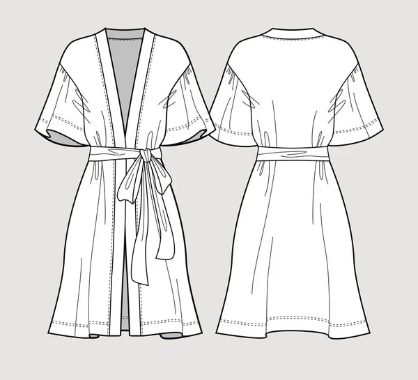 Brautkleid. Ärmel Kimono-Mantel aus Satin. Seidenbademantel für Frauen. isolierter Vektor. Vorder- und Rückansichten. — Stockvektor