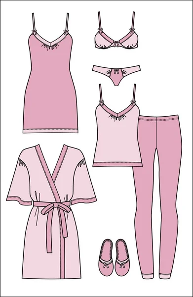 Kadın homewear, pijama ve iç giyim kümesi. Pembe bornoz, gecelik, pijama, terlik, sutyen ve külot beyaz arka plan üzerinde.