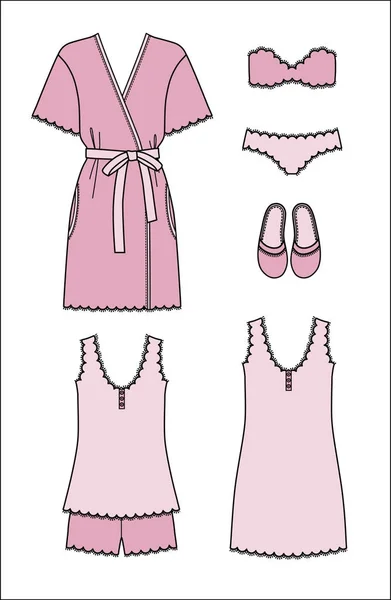 Ensemble de vêtements de maison, vêtements de nuit et sous-vêtements pour femmes. Peignoir rose, chemise de nuit, pyjama, chaussons, soutien-gorge et culotte sur fond blanc . — Image vectorielle